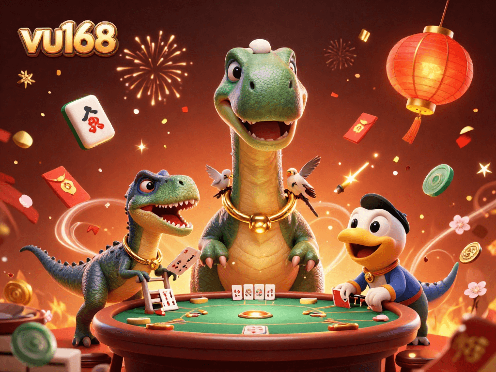 Explore the dynamic vu168 casino scene featuring a brontosaurus and clever raptor in a vibrant atmosphere.