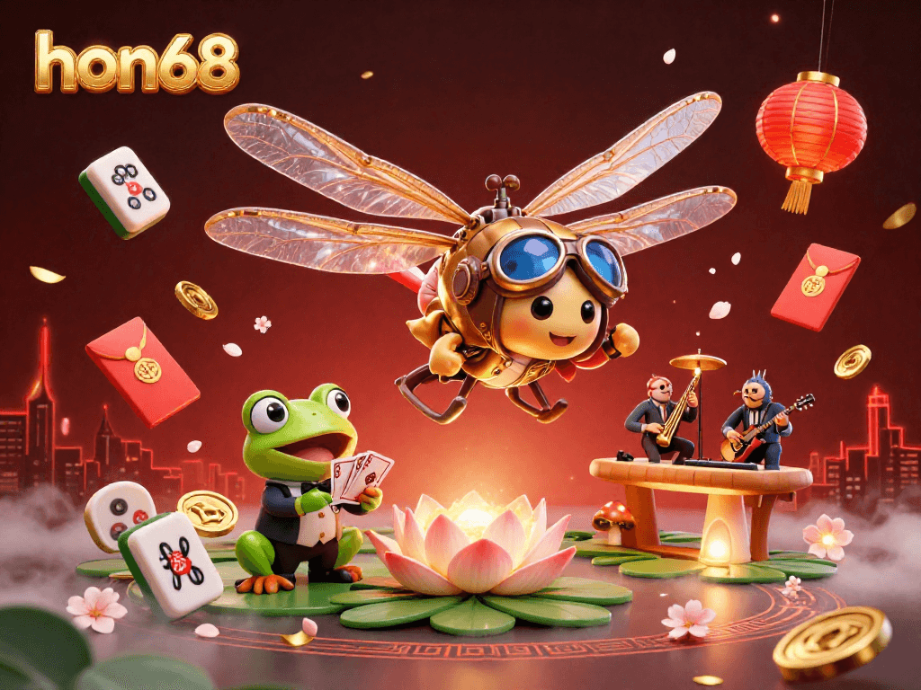 Engage with hon68 as a dragonfly pilot hovers above a lily pad casino, with jazz musicians and a frog croupier.