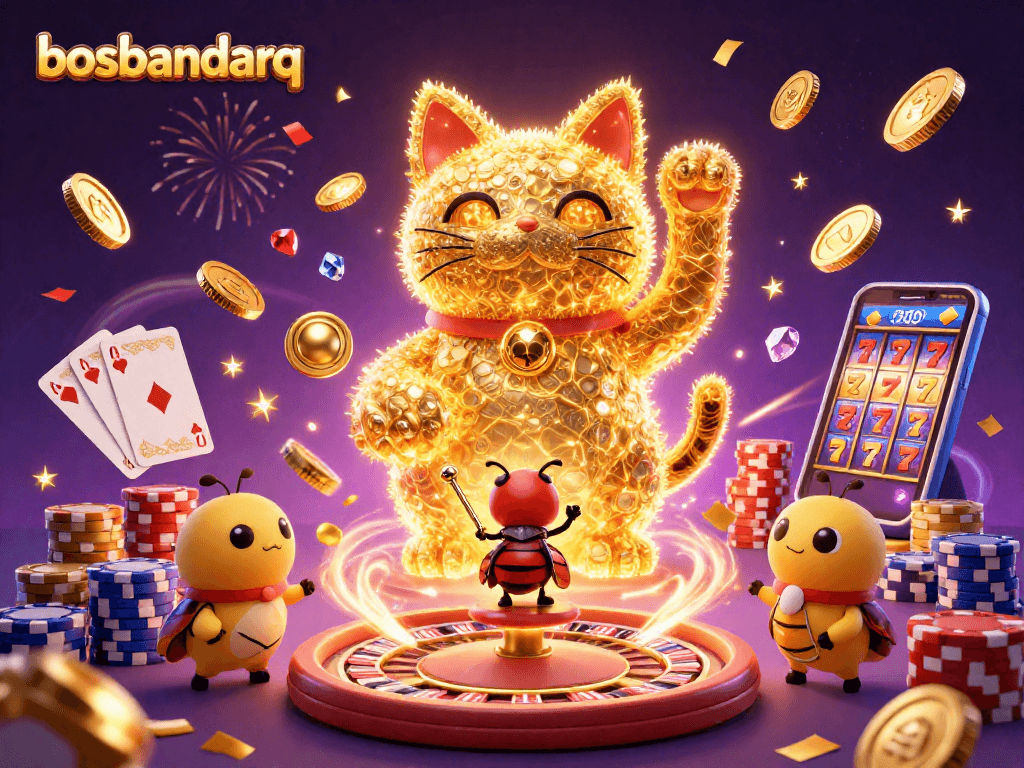 Play exciting games with bosbandarq's colorful casino elements and lucky cat illustration.