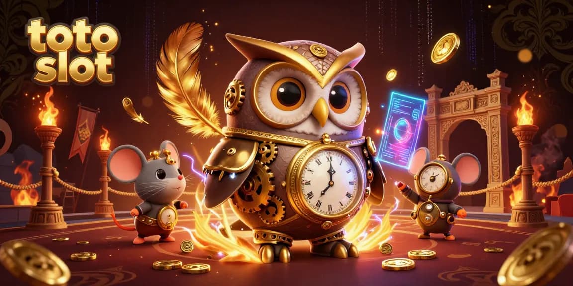 Spin the reels with the dynamic toto slot illustration showcasing a steampunk owl and vibrant casino elements.