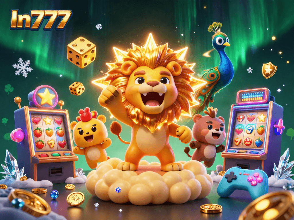 Experience exciting slots with In777's vibrant cartoon scene filled with roaring lions and golden dice.