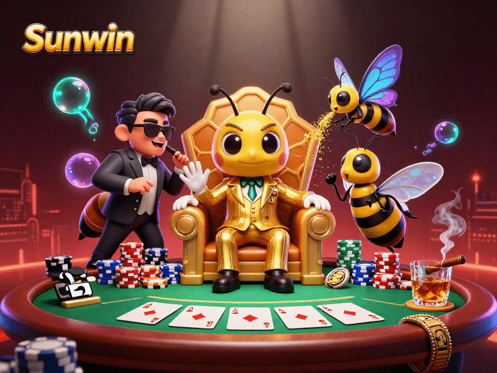 Sunwin poker scene with a bumblebee mob boss and wasp bodyguards among vibrant casino elements.