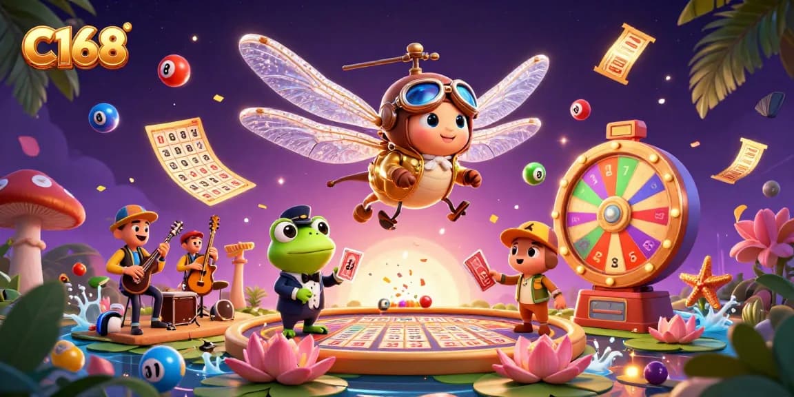 Experience thrilling gaming at C168 with a vibrant 3D casino scene featuring unique characters.