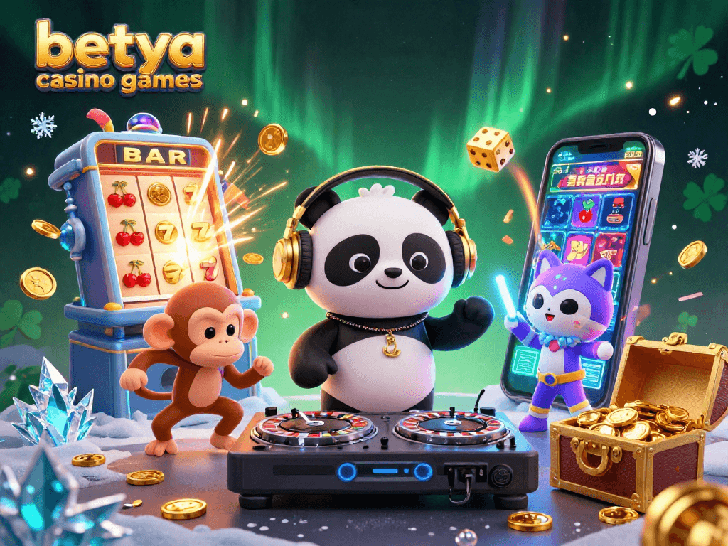 Experience the thrill of betya casino games with a vibrant 3D scene of animated characters and dynamic casino elements.