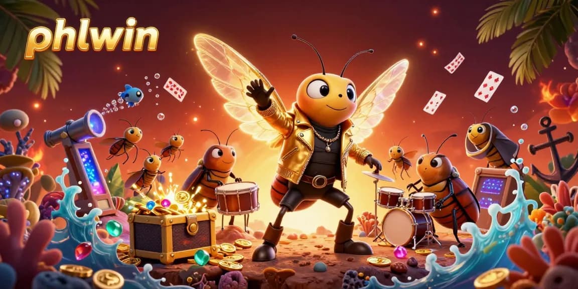 Experience the excitement of phlwin with a vibrant casino scene featuring animated characters, games, and treasures.