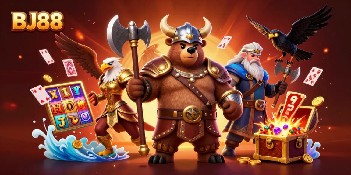 Engage with thrilling casino action at BJ88 with vibrant slot reels and playful characters.