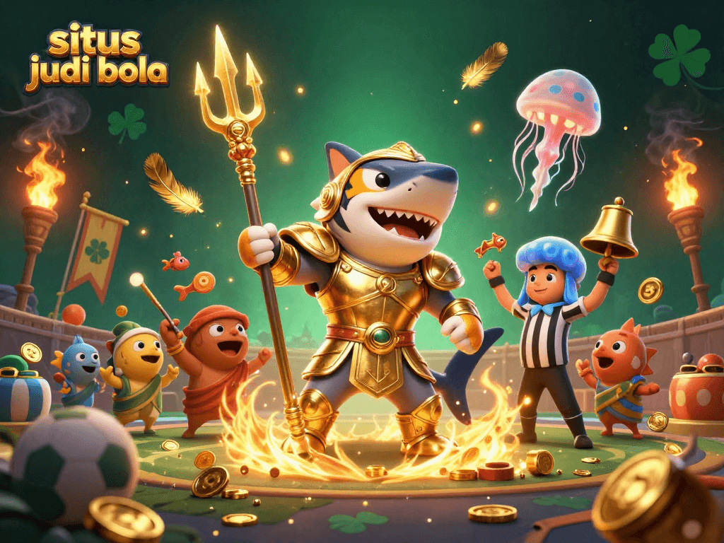 Engage with situs judi bola through dynamic sports betting scenes featuring a golden shark warrior.