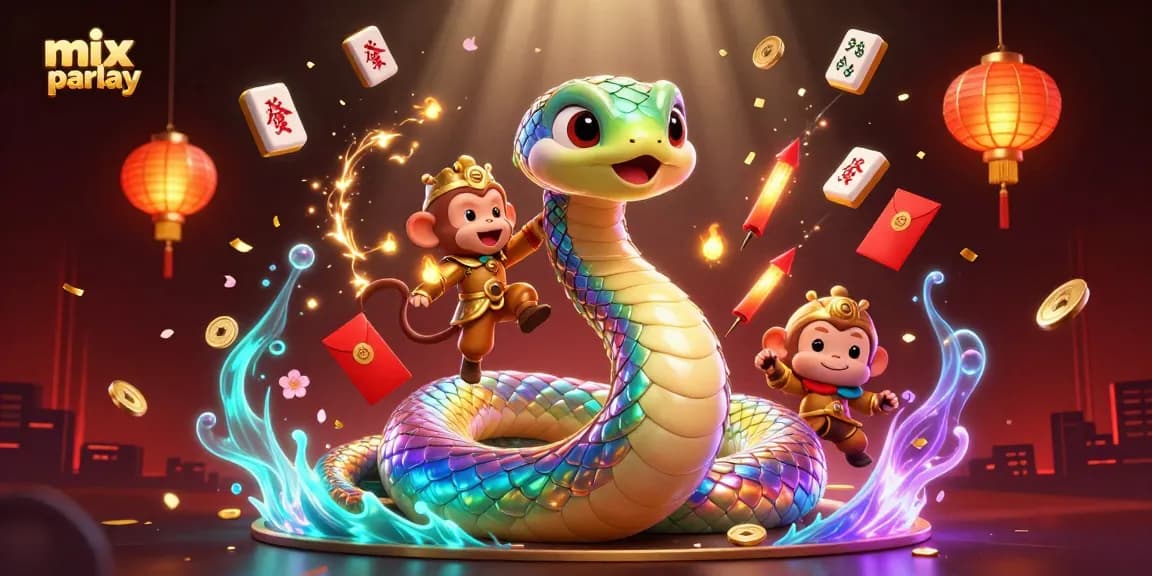 Menggunakan mix parlay, gambar ilustrasi kasino dengan naga berwarna pelangi, monyet raja dan elemen permainan