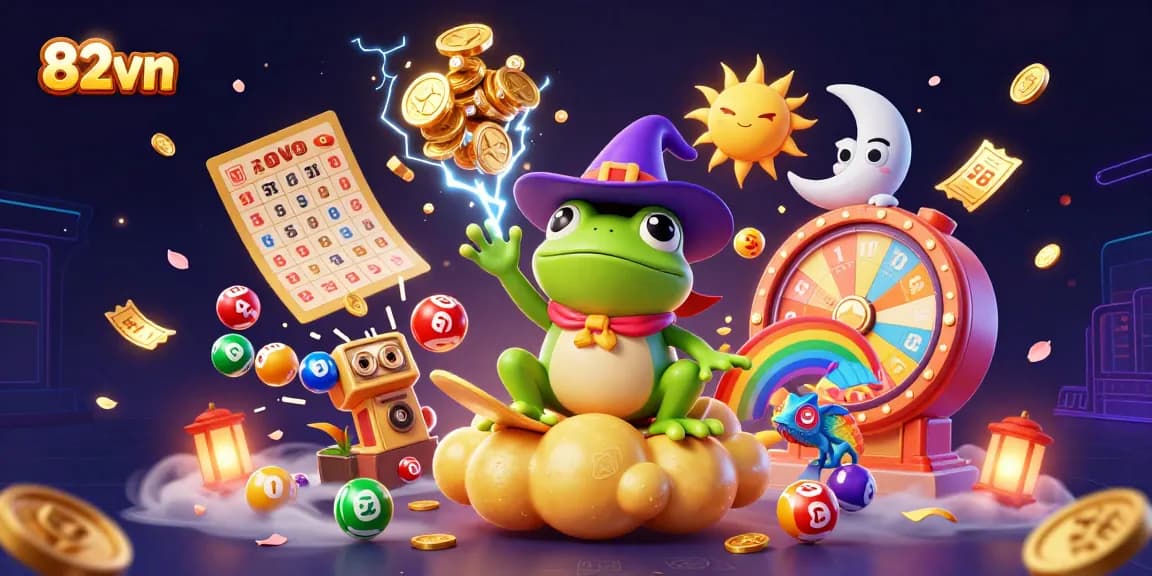 Experience the excitement of 82vn as the wizard frog conjures a storm of golden coins and lottery balls.
