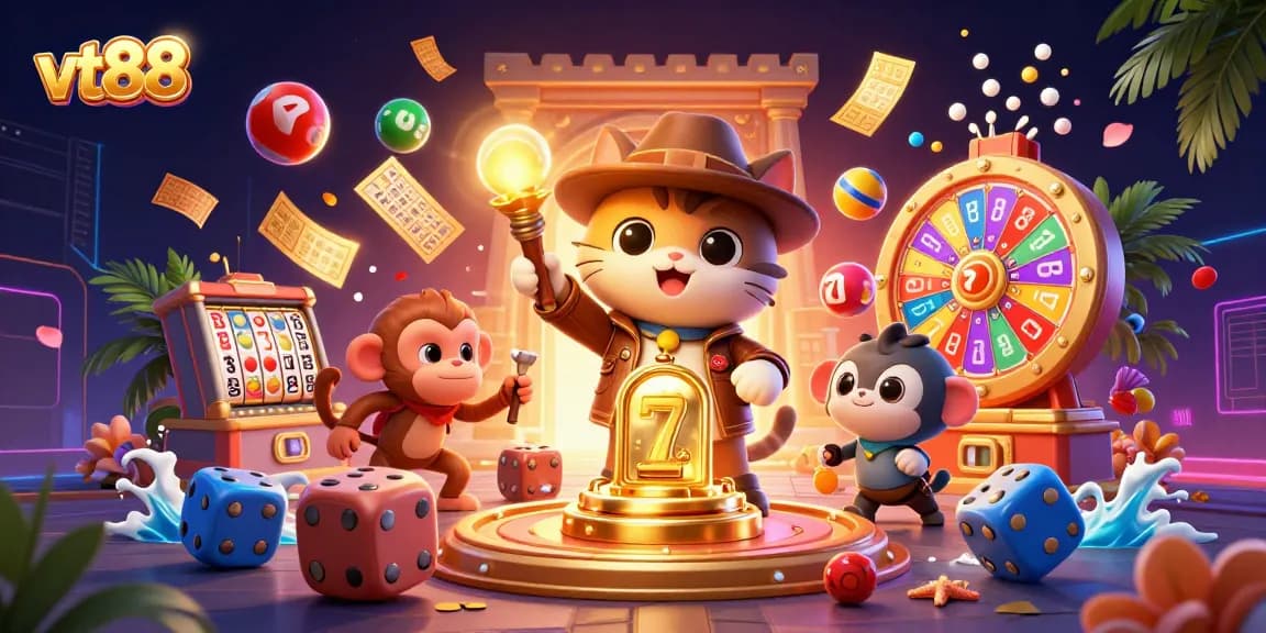 Engage with vt88's vibrant casino adventure featuring colorful lottery balls and golden artifacts.
