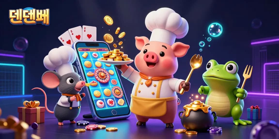 Engage with 텐텐벳 as the 3D chef pig serves gold coins amidst a vibrant casino scene.