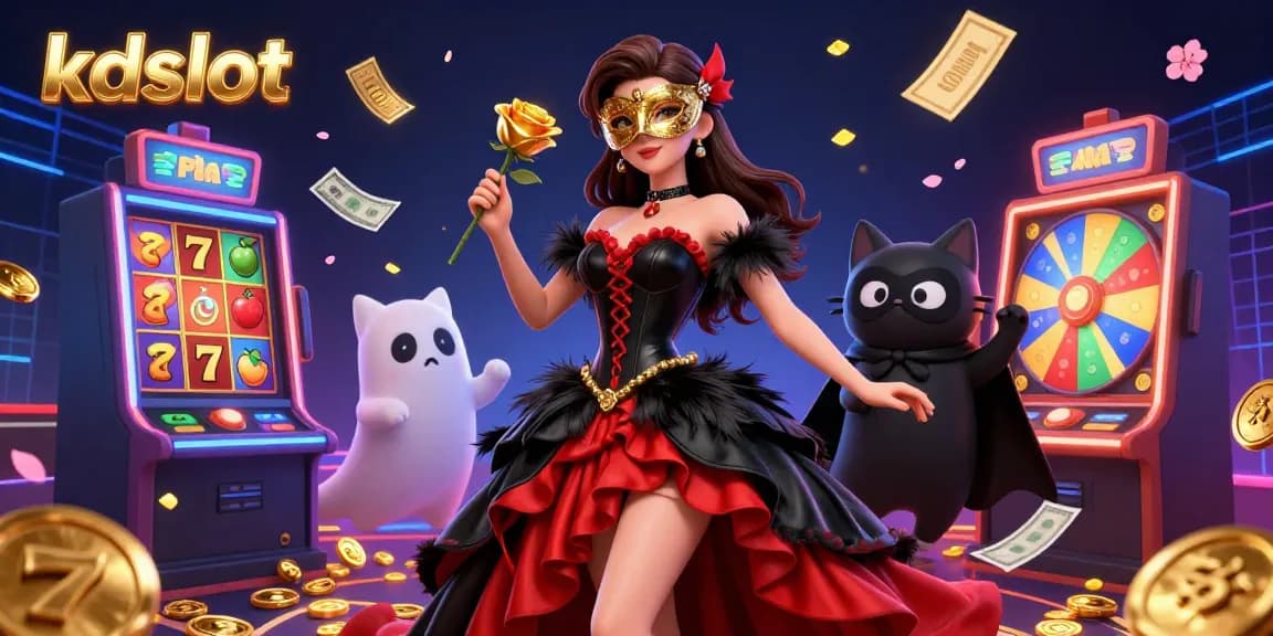 Experience thrilling kdslot action with a glamorous casino scene featuring vibrant slot machines and golden tickets.