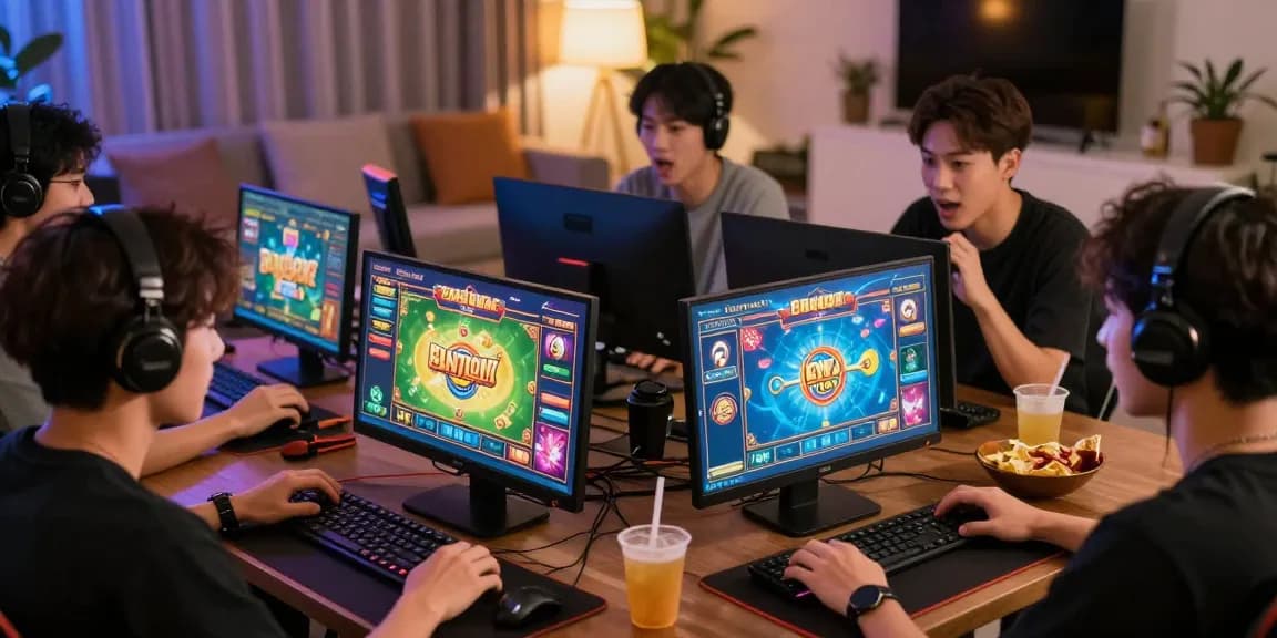Dynamic scene of players engaged in game bài đổi thưởng, showcasing excitement and modern gaming setups in a lively home atmosphere.