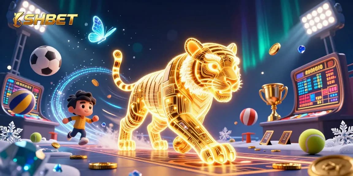 SHBET showcases an energetic 3D casino scene with a golden tiger and sports elements.