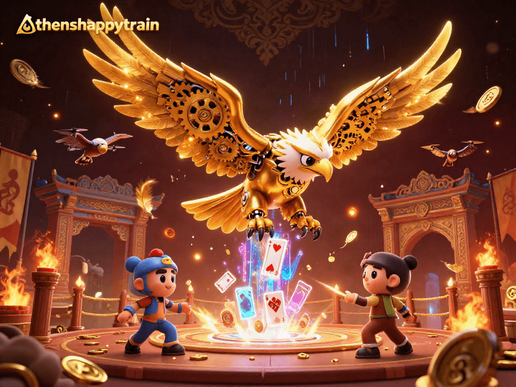 Experience thrilling action in athenshappytrain with a golden eagle soaring amidst holographic casino elements.