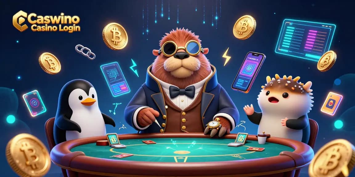 Experience seamless Caswino Casino Login with a vibrant underwater poker scene featuring a walrus and crypto elements.