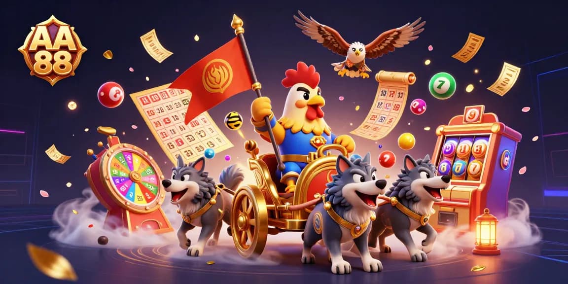Experience the thrill of AA 88 with a vibrant lottery scene featuring animated colorful balls and casino elements.