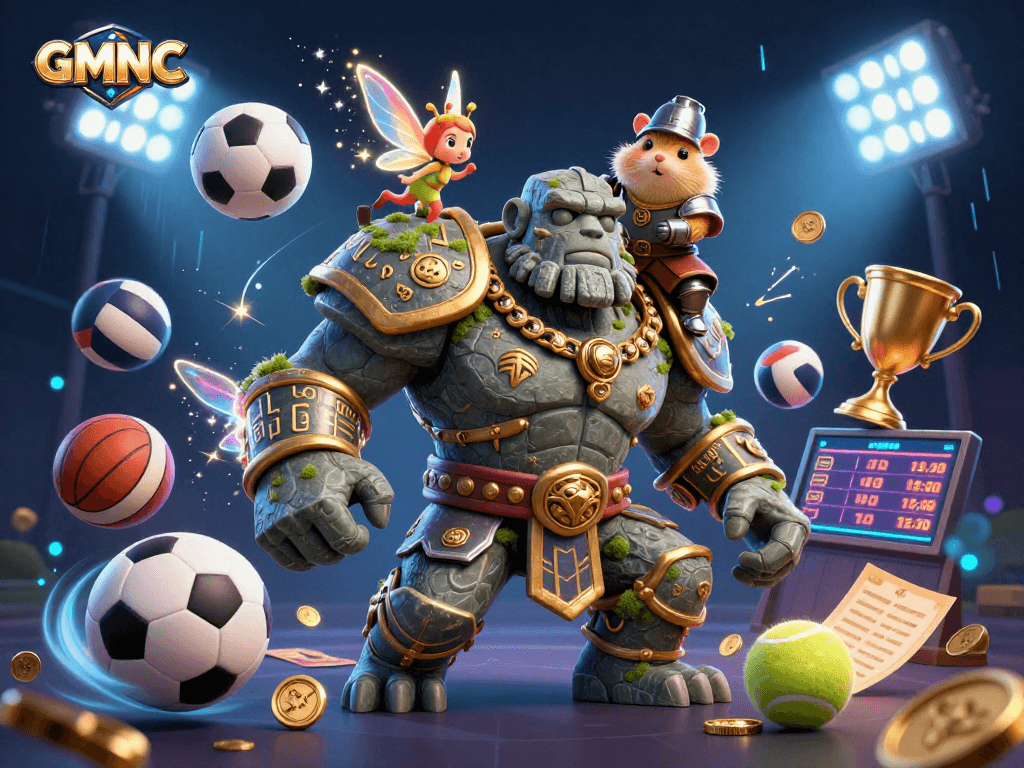 Engage with GMNC's vibrant sports betting scene featuring exciting 3D characters and energetic elements.