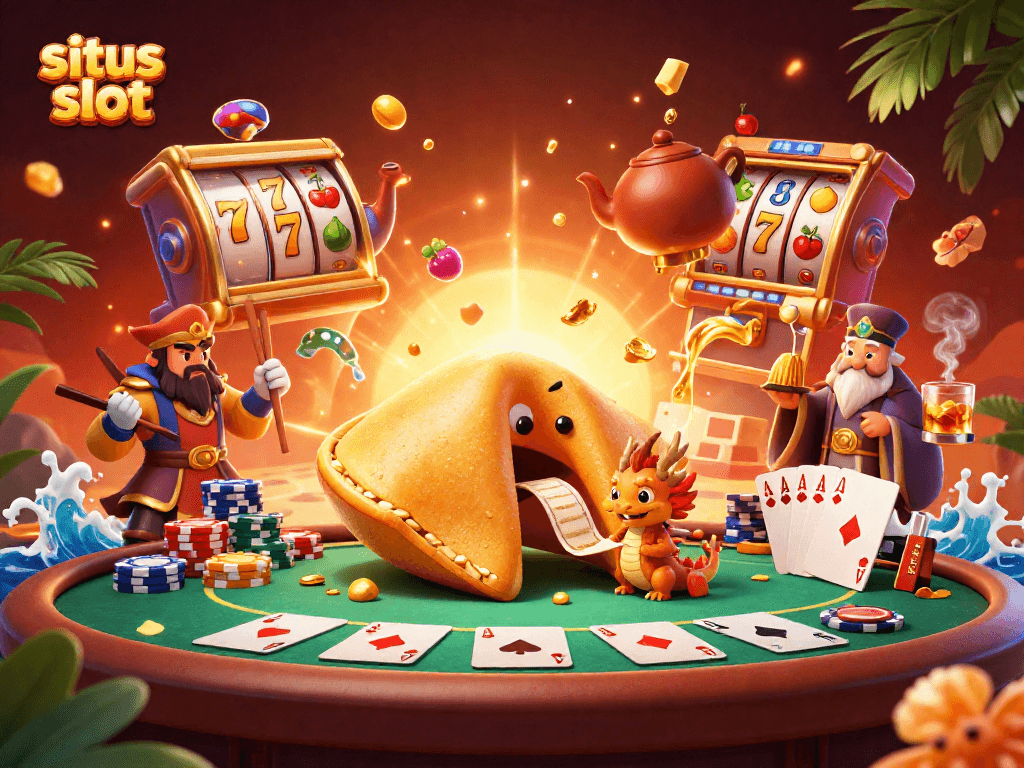 Engage players at situs slot with a vibrant 3D fantasy of golden fortune cookies and dynamic slot reels.