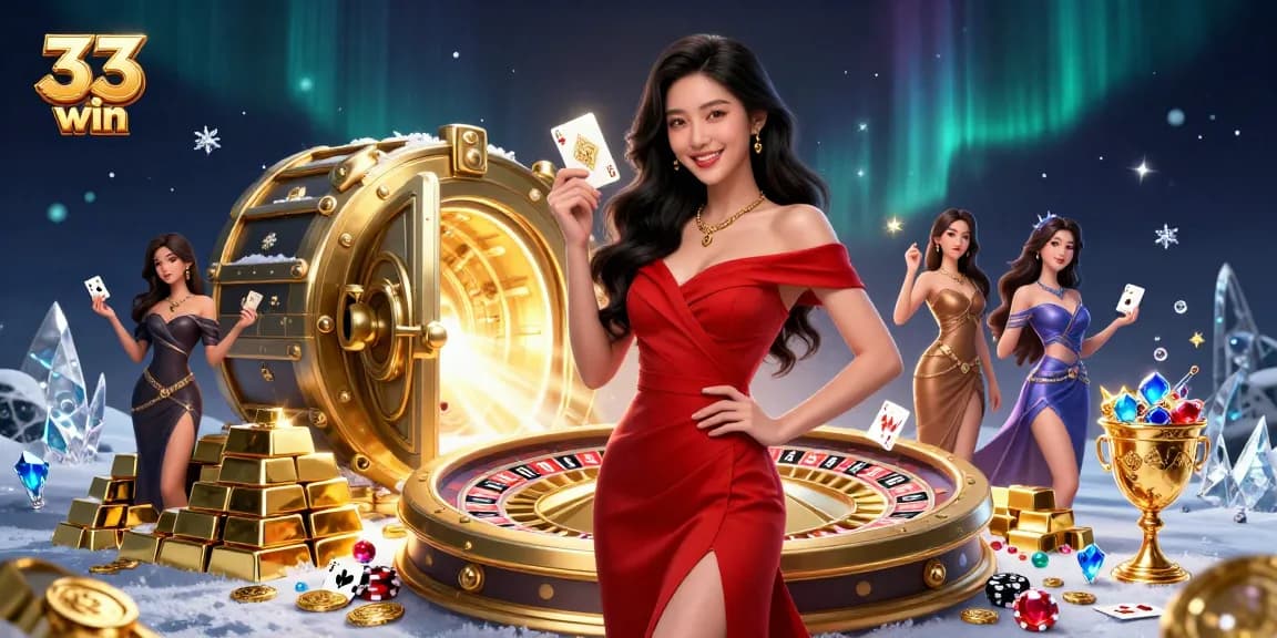 Experience thrilling gaming action with 33 win, featuring a confident woman and golden roulette elements.