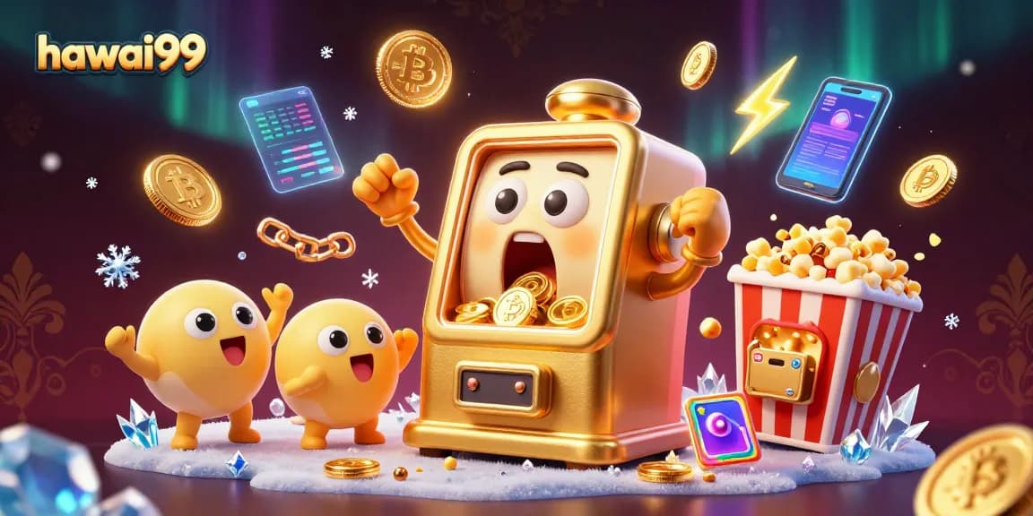 Hitting a jackpot with hawai99's golden slot machine, surrounded by cheering baby machines and crypto coins.