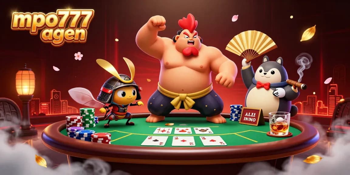 Engage in excitement with mpo777 agen as a roaring sumo wrestler rooster faces a fierce cricket in this lively casino scene.
