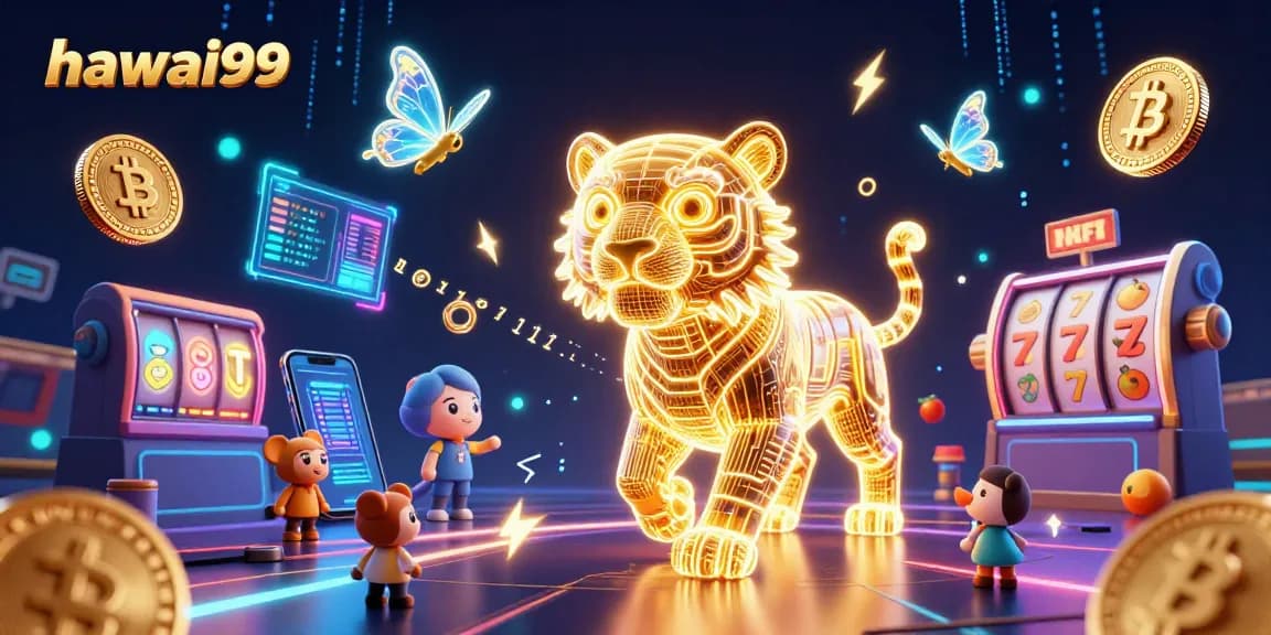 Experience the vibrant virtual casino world of hawai99 with neon energy and digital elements.