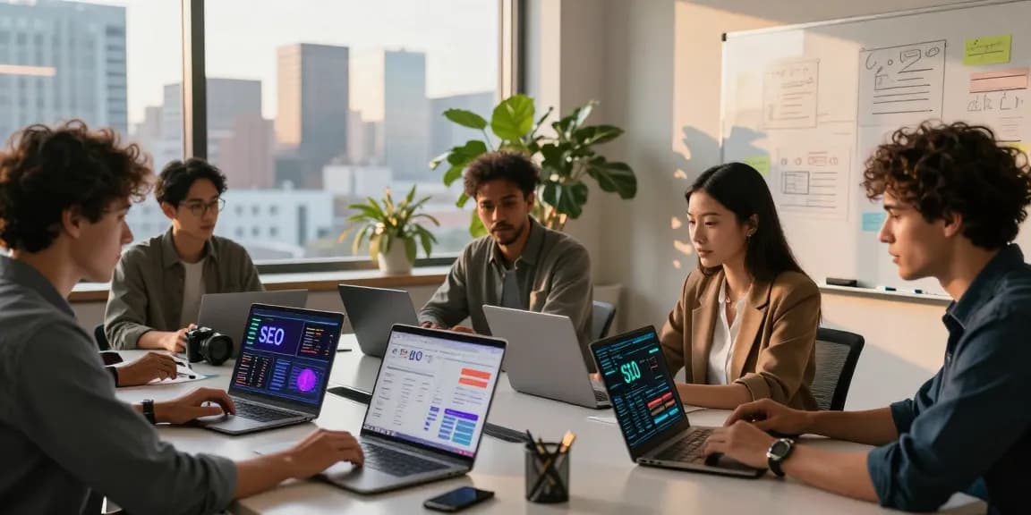 Digital marketers collaborating on AI SEO tools strategies in a modern office environment, showcasing SEO analytics and teamwork.