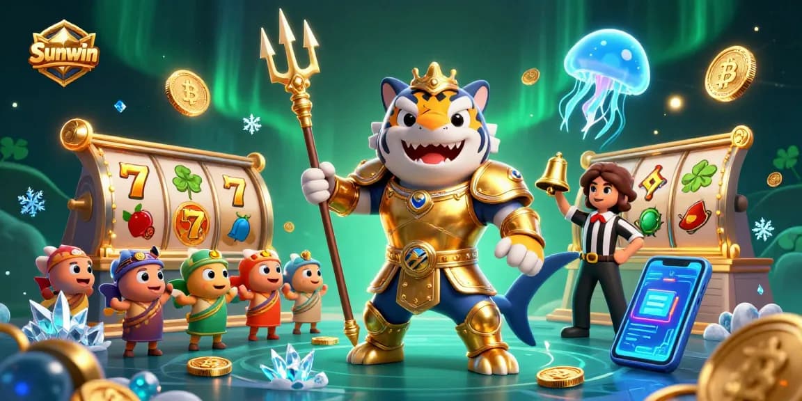 Experience dynamic gaming with Sunwin featuring a gladiator shark in armor amidst slot symbols and mesmerizing elements.