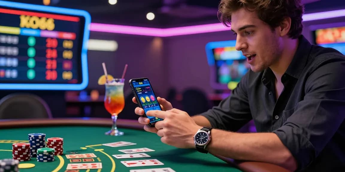 Engaged player using KO66 app surrounded by casino elements and vibrant atmosphere