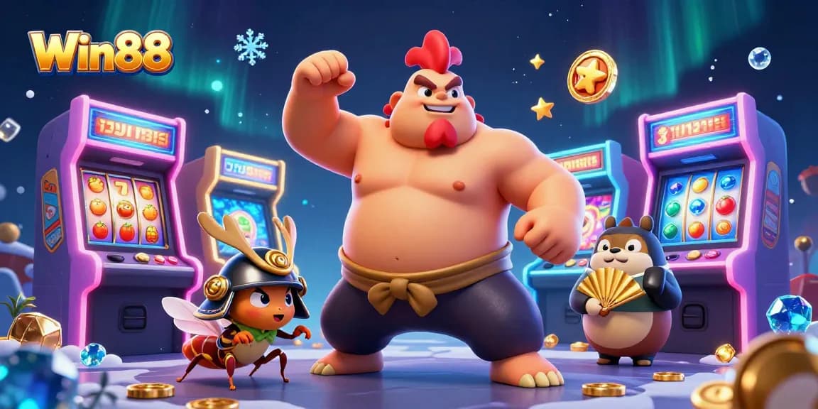 Win88 showcases a dynamic 3D casino scene with a powerful sumo wrestler rooster and vibrant slot symbols.