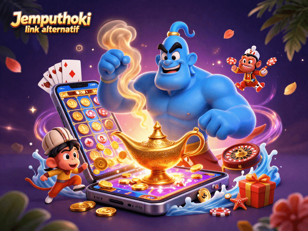 Experience the thrill of gaming with Jemputhoki link alternatif's vibrant casino illustration featuring a magical genie.