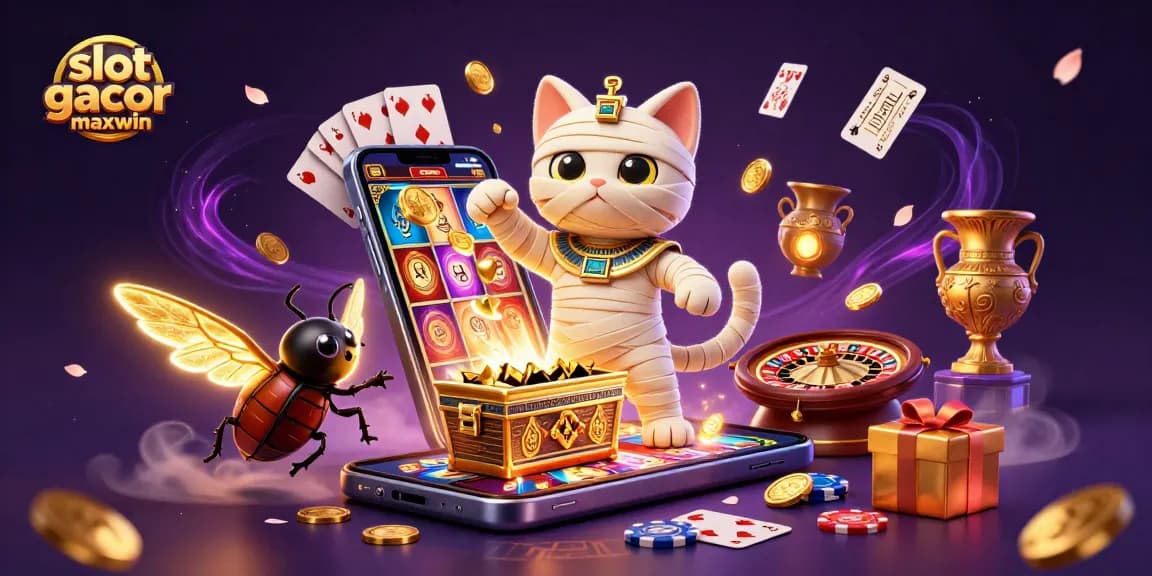 Gamer memutar slot gacor maxwin dengan kucing mummy dan scarab berkilau di kasino piramida.