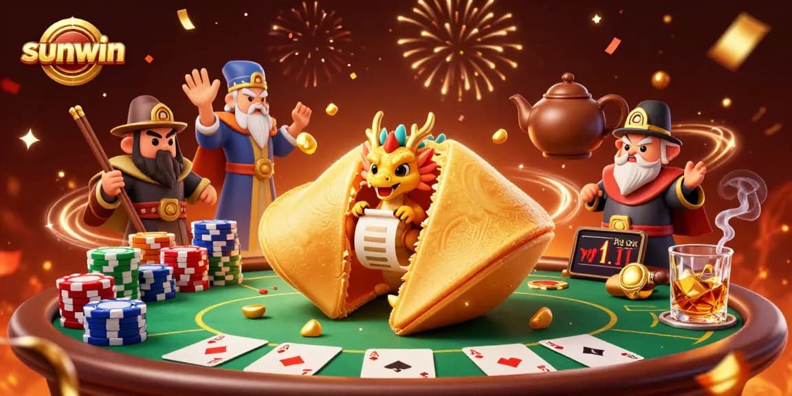 Experience thrilling gameplay at sunwin with a vibrant casino scene featuring dragons and fortune cookies.