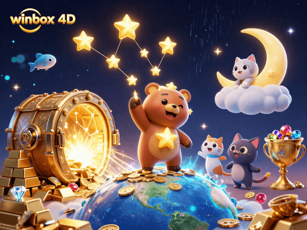 Winbox 4D showcases a constellation bear and treasures in a vibrant casino-themed scene.
