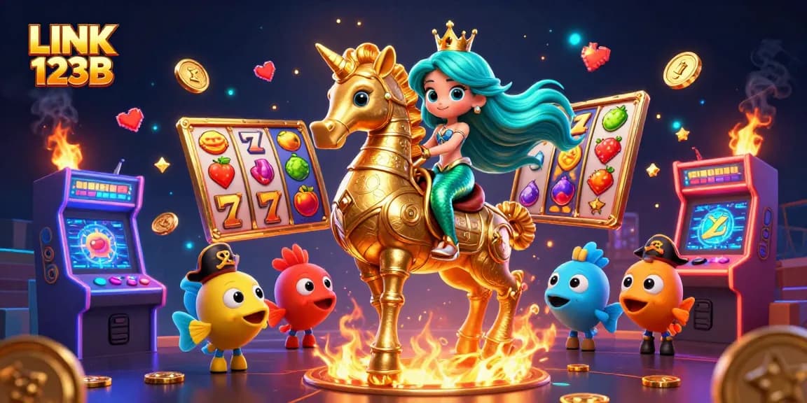 Engage with LINK 123B in a vibrant 3D casino world featuring a mermaid, seahorse, and colorful game elements.