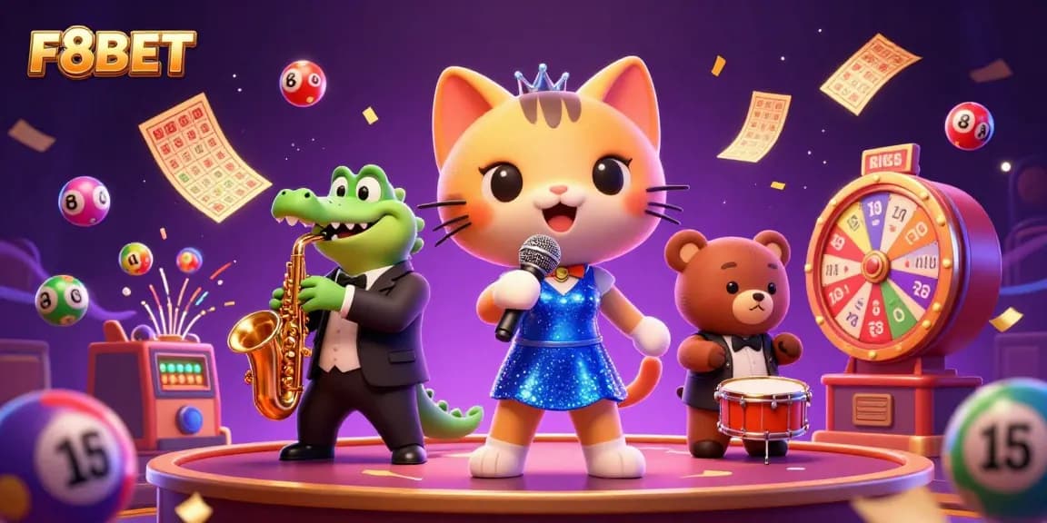 Join the fun at F8BET with vibrant illustrations of characters celebrating in a colorful casino scene.