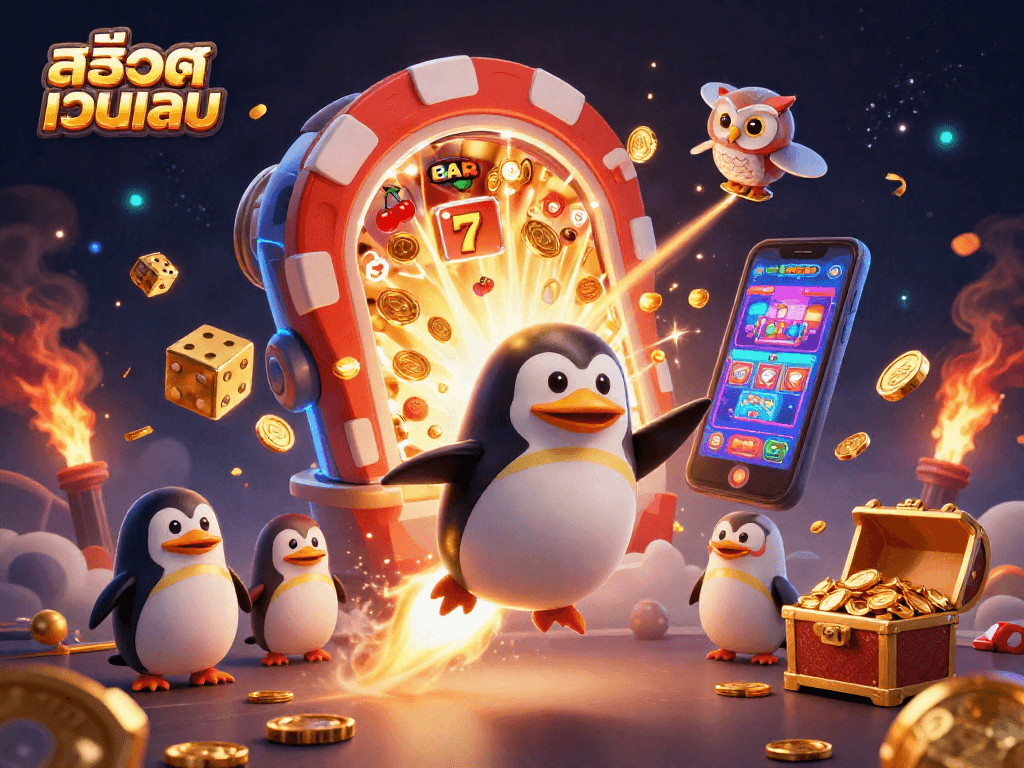 Experience สล็อตเว็บตรง gaming excitement with a golden penguin, slot machine, and jackpot explosion!