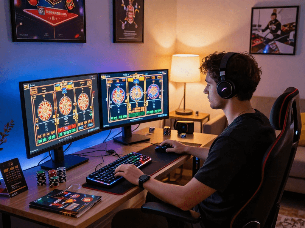 Exciting gambling scene with player enjoying slot122 at dual monitors in modern gaming den