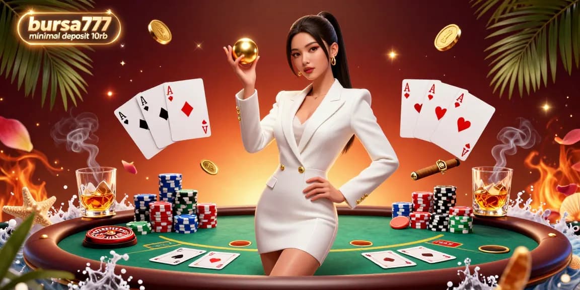 Engaging scene showcasing bursa777 minimal deposit 10rb with vibrant casino elements and a confident Asian woman at the center.