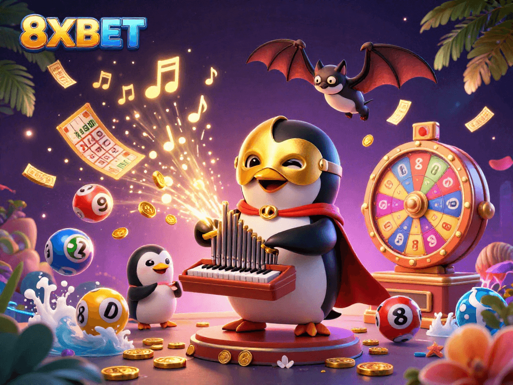 Engage with exciting games at 8XBET featuring a creative casino scene packed with fun elements.