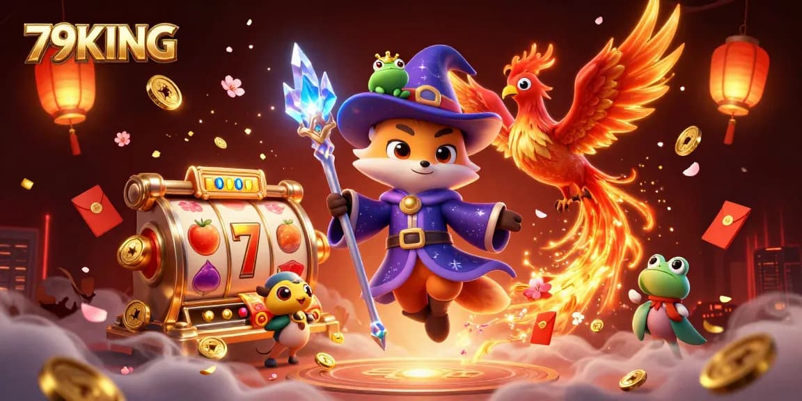Experience thrilling slots at 79KING with a mystical wizard fox and colorful casino elements.
