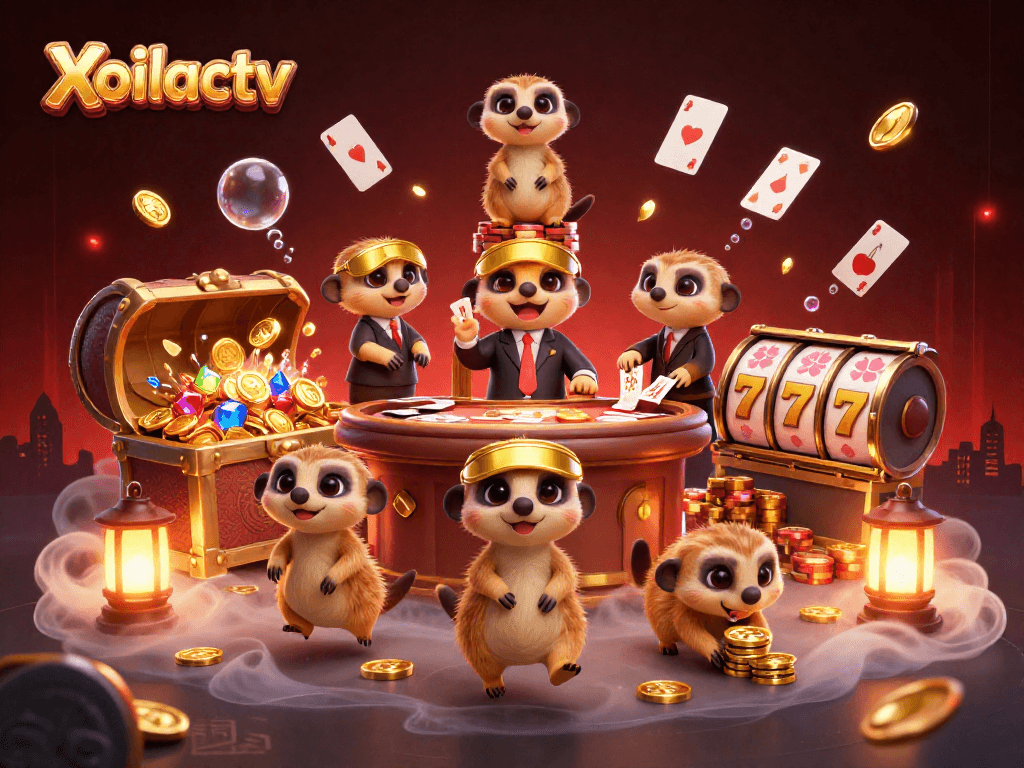 Xoilactv casino action with meerkats dealing cards and managing chips in a vibrant, dynamic scene