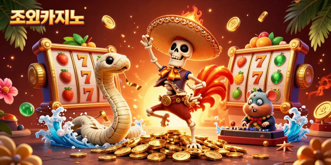 Experience excitement at 조이카지노 with a festive 3D casino illustration showcasing vibrant characters, slot reels, and golden elements.