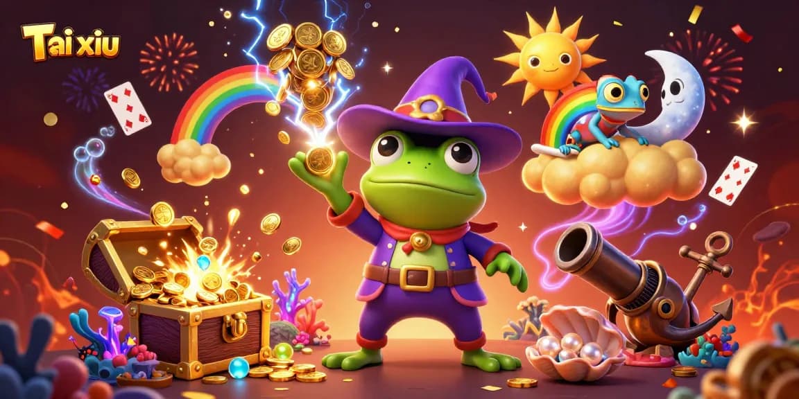 Engage in Tài xỉu game action with vibrant characters and gold coins amidst a dynamic casino atmosphere.