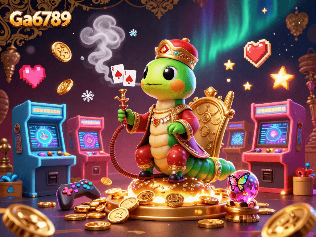 Engage with Ga6789's 3D casino extravaganza featuring a caterpillar hookah-master and vivid gaming elements.