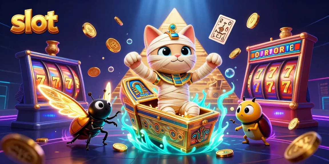 Memenangkan jackpot slot dengan kucing mummy 3D dan simbol keberuntungan berkilau di kasino.