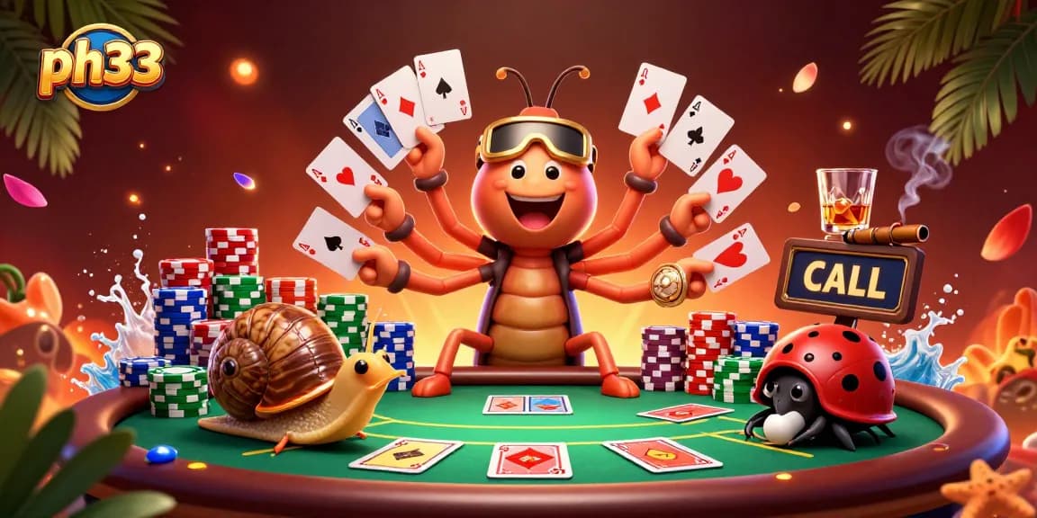 Engage with ph33's vibrant casino scene featuring a millipede dealer, colorful chips, and festive decor.
