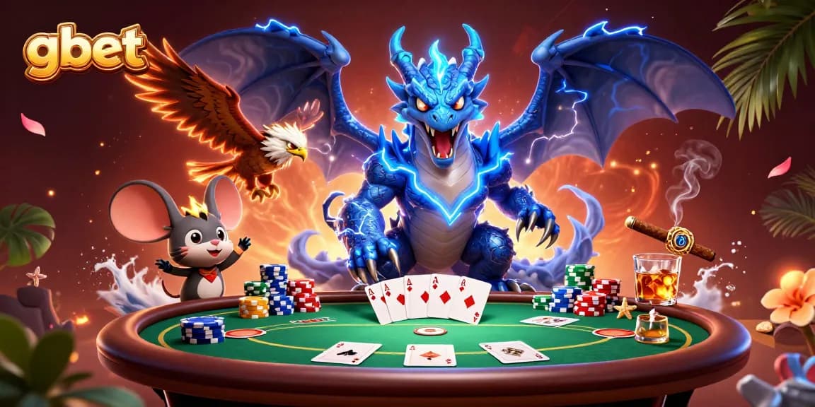 Experience thrilling gbet action with dynamic characters and colorful poker elements in this vibrant illustration.