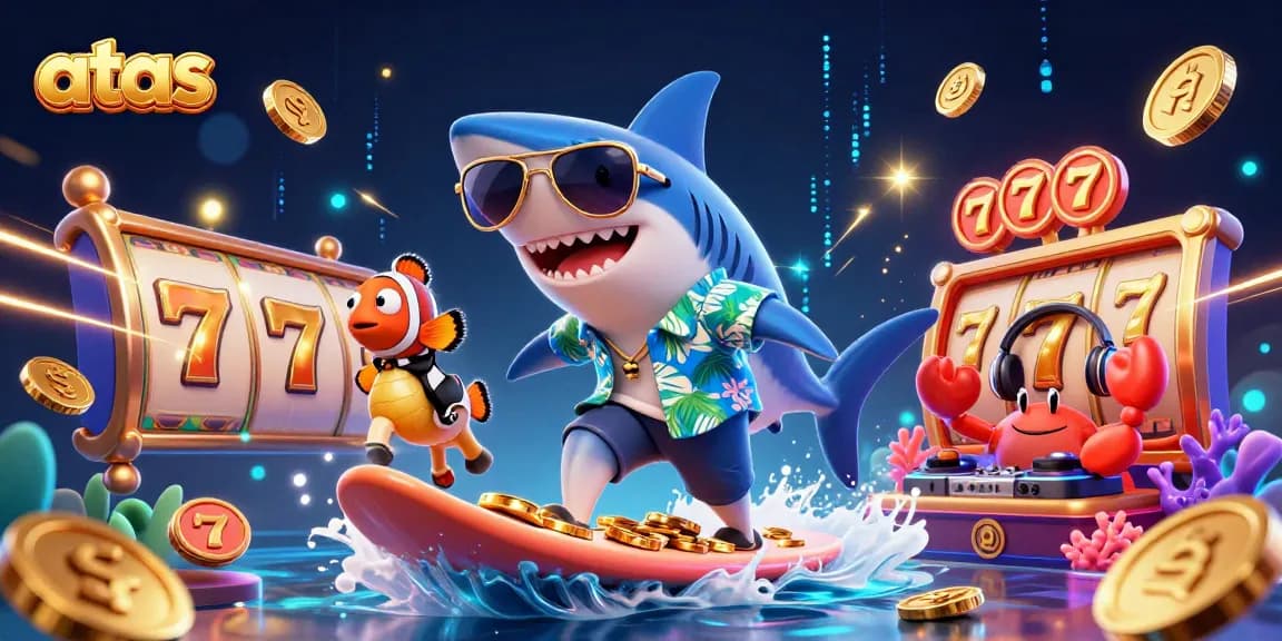 Spin the reels at atas with a vibrant 3D illustration featuring a shark and casino elements.
